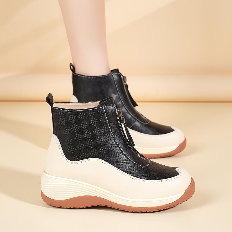 Женские спортивные туфли на платформе, повседневные черные кожаные ботильоны, обувь на танкетке, кроссовки с высоким верхом, увеличивающие рост