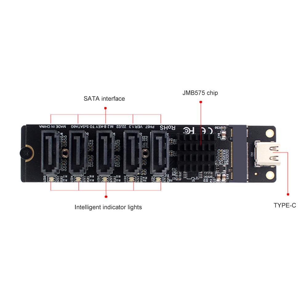Type C To 5-Port SATA 3.0 Adapter Card 6Gbps JM575+JMS580 Chip Type C To 5-Ch SATA 3.0 Expander Plug and Play Converter Card