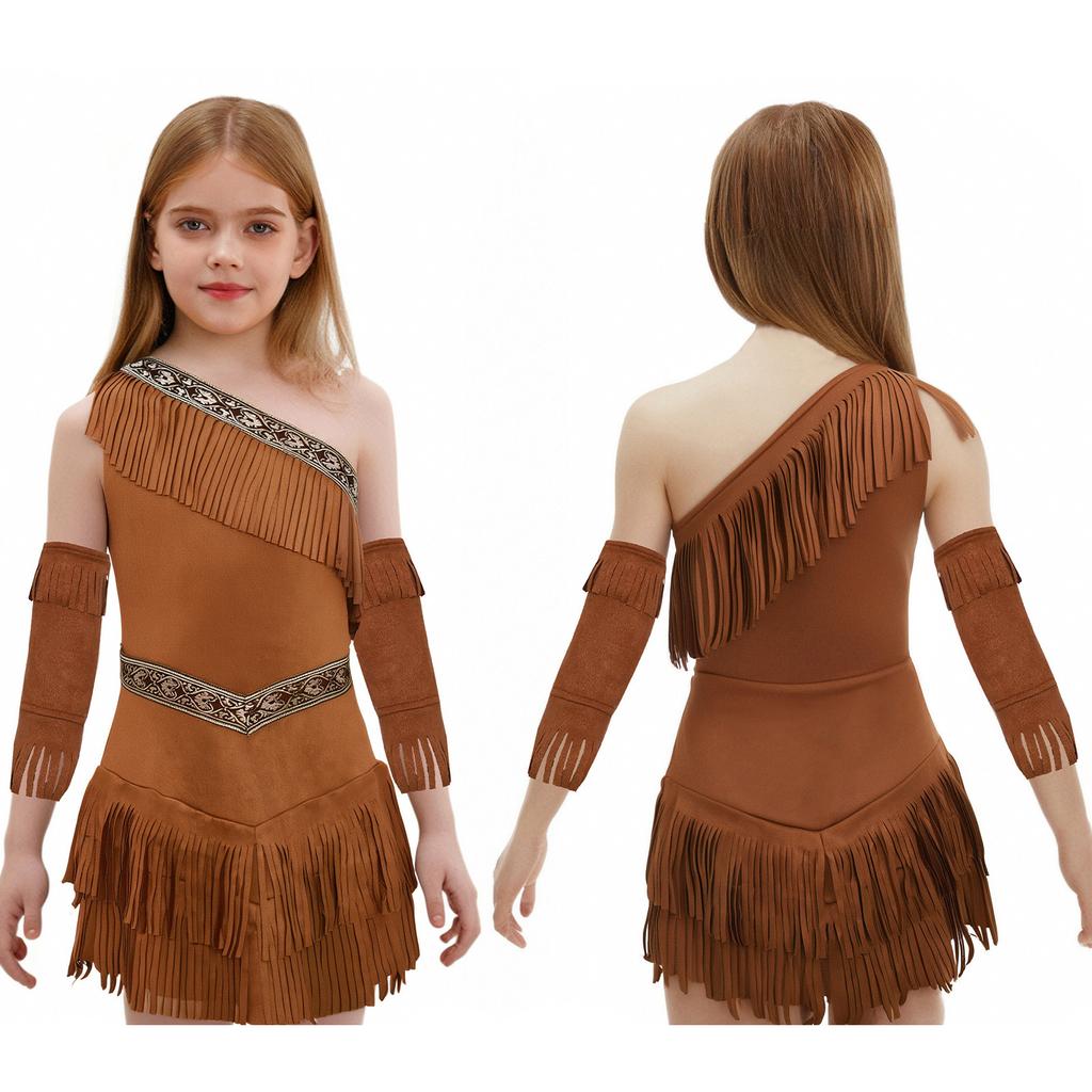 Kids Girls Native American Princess Costume One Shoulder Sleeveless Fringe Suede Dress with Tassel Sleeves - Halloween Cosplay Fancy Dress Outfit