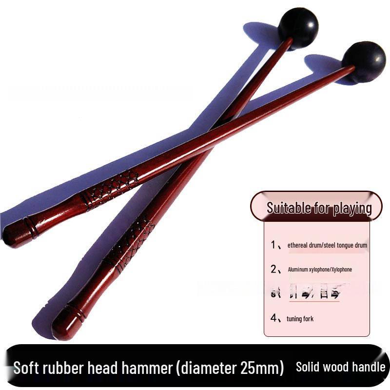 Ethereal Percussion Mallets: Steel Tongue, Xylophone, Glockenspiel, Tuning Fork, and Handpan - Wooden Handle & Soft Rubber Head.