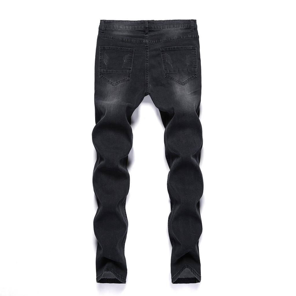 Men Jeans Solid Color Ripped Holes Frayed Gradient Washed Trousers