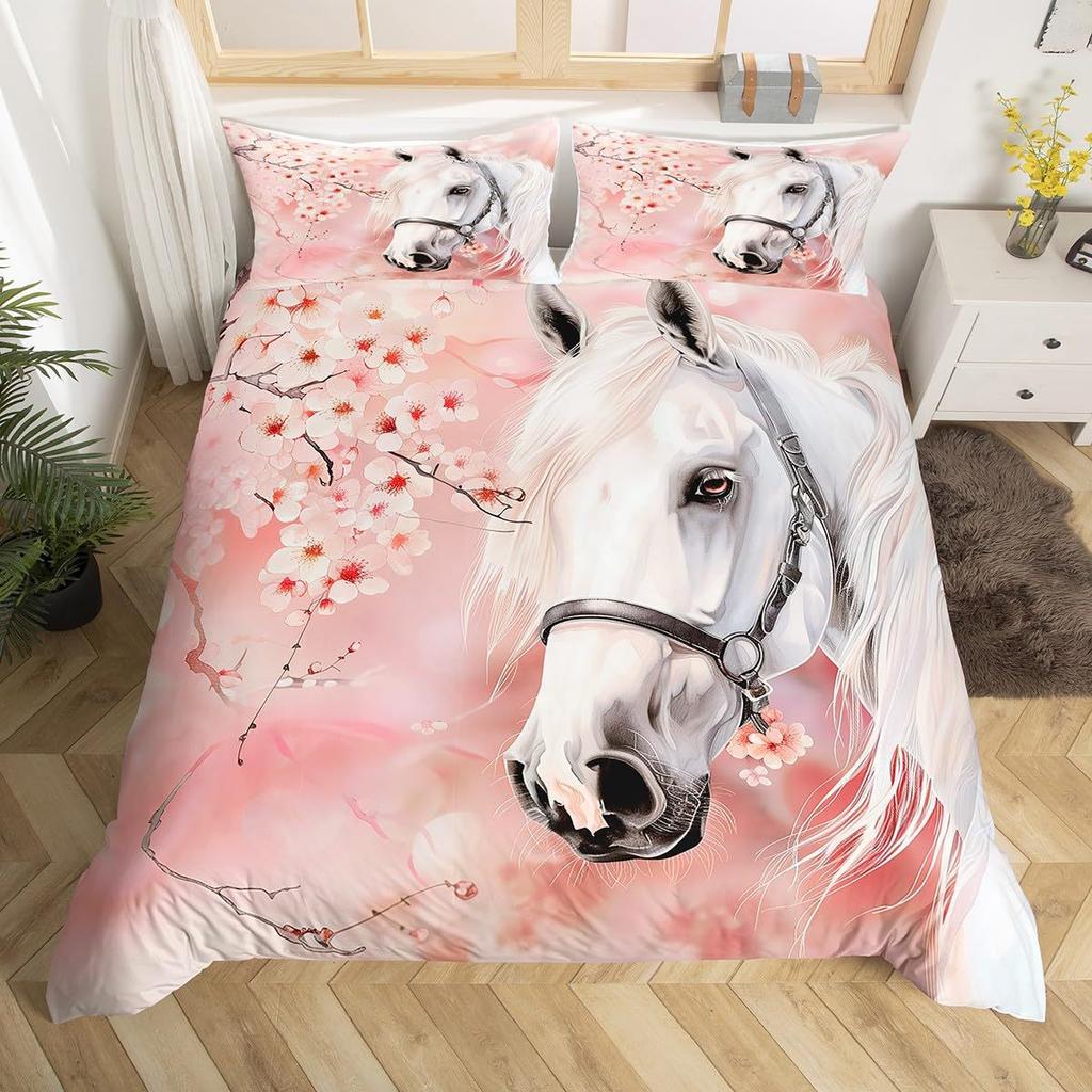 Белый конь Пуховое одеяло Набор Одеяло с принтом животных Удобное постельное белье Набор из трех предметов