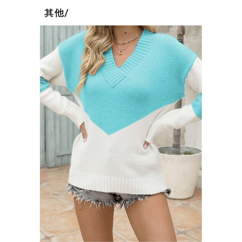 Women V Neck Color Block Pullover Knit Sweater Casual Fall Winter