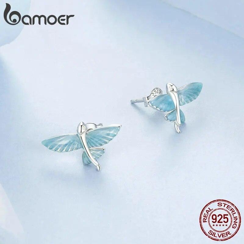 Bamoer 925 Sterling Silver Flying Fish Stud Earrings Blue Enamel Fish Earrings for Women Girls Party Fine Jewelry Gift