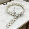 Stretchable Curtain Tiebacks Deer Head Tieback, Faux Pearl Beaded Stretch Holder, for Drapes Adjustable Holdback Bedroom Living Room Window Door Gauze