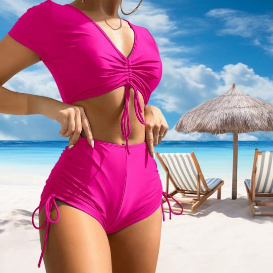 2Pcs/Set Women Summer Bikini Set V Neck Short Sleeve Tops High Waist Drawstring Swimming Trunks Solid Color Quick Drying Swimsuit