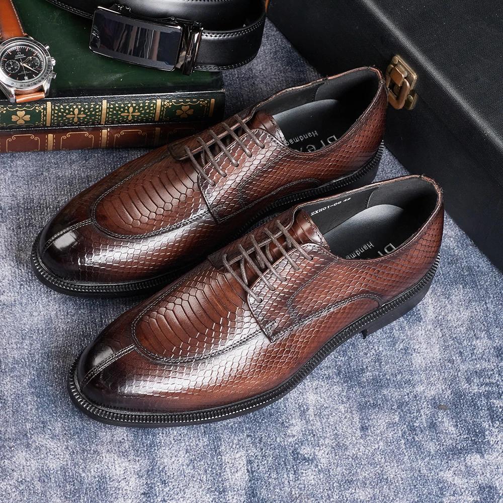 Fashion Men's British Style Genuine Leather Python Pattern Wedding Shoes Business Formal Dress Shoes