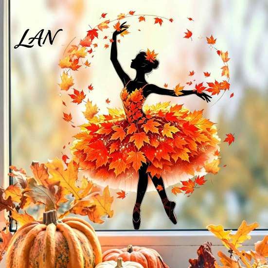 Static Cling Window Stickers Ballet Girl Glass Sticker, Autumn Thanksgiving Theme Film, Removable Decals PVC Decal for Home Living Room And Storefront