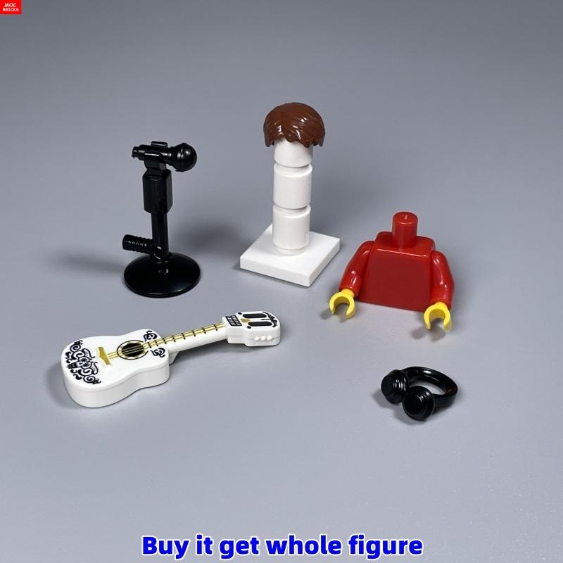 Нетоксичные кубики Moc Мини-гарнитура Наушники 4 см Фигурка Одежда Музыкальный певец Инструмент Гитара Бас Образовательные Строительные Блоки Игрушки Подарки
