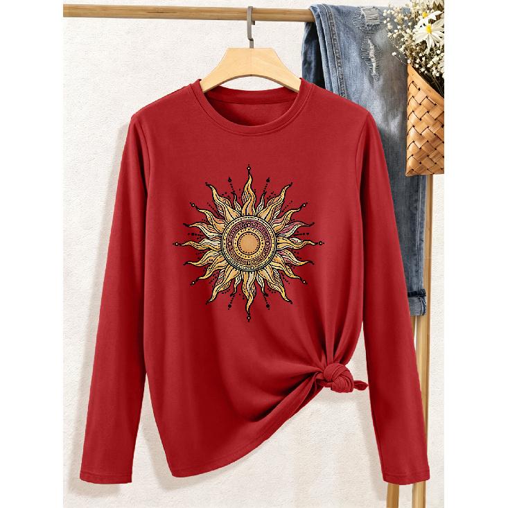 Elegant long-sleeved gift for women Retro Mandala Ethnic Style Sun Pattern Print Fashionable Elegant Women's Spring Autumn Winter Casual Sporty Top