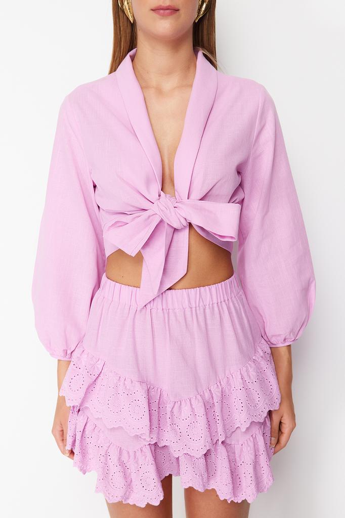 Women's Fashion New Blouse Pink Crop Woven Tie Up Blouse