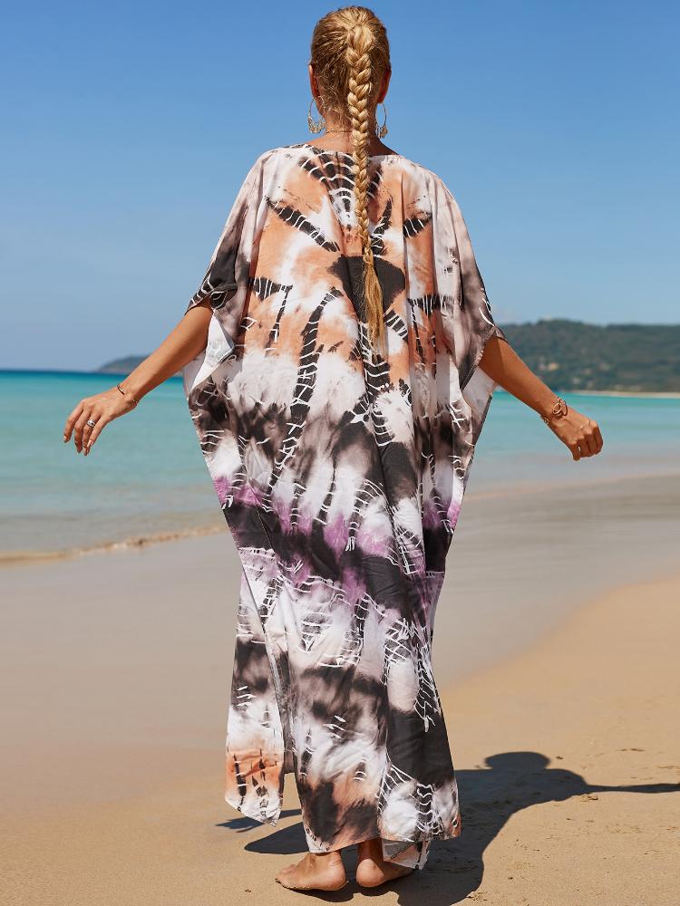 EDOLYNSA Разноцветный кафтан в богемном стиле с v-образным вырезом и рукавами «летучая мышь», женское платье макси, пляжная одежда, платье макси с половиной рукавов, халат