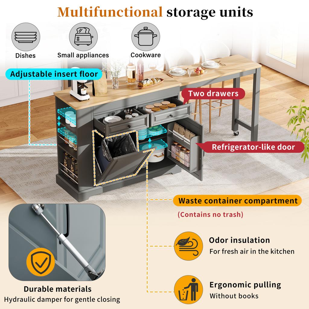 Kitchen Island on Casters, Extendable Dining Area with Waste Bin Compartment and Drawers, Freestanding, Ideal for Kitchen and Dining Room (Grey)