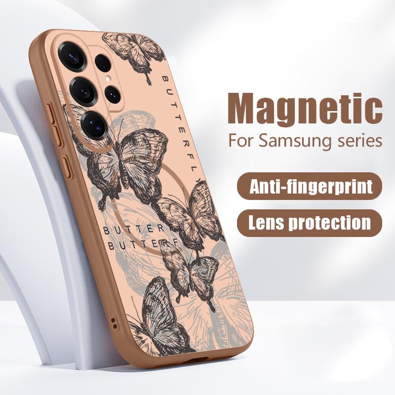 Магнитный Чехол Для Magsafe Для Samsung Galaxy S26 Ultra S25 Edge S24 Plus S23 FE S22 A54 A55 A56 5G Ретро Принт Бабочки Матовый Чехол