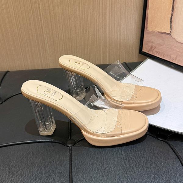Fashion Female Shoes Ladies' Slippers Platform Transparent Heel Glitter Slides Square Heel Heeled Mules 2025 Jelly Summer Block High