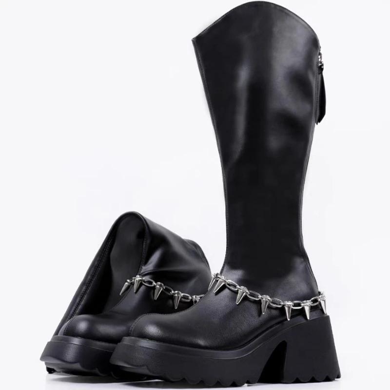 Модная женская дизайнерская обувь 2024 года, осень, новые модные высокие сапоги в стиле панк с заклепками, повседневная модная обувь на толстой подошве