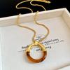 Circle Pendant Amber Splicing Necklace Stainless Steel Chain Sweater Chain  Birthday Gift
