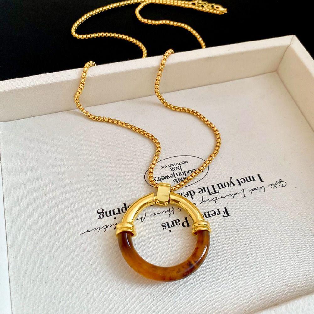 Circle Pendant Amber Splicing Necklace Stainless Steel Chain Sweater Chain  Birthday Gift