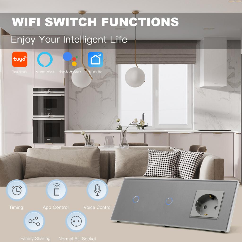 BSEED Wifi Двойные 1/2/3-клавишные сенсорные выключатели Smart Life Управление Alexa Плюс Обычная настенная розетка Стандарт ЕС Стеклянная панель 228 мм