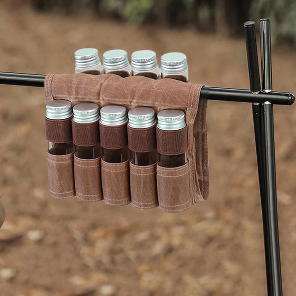 Набор из 9 банок для специй, бутылок для приправ, контейнеров для приправ с холщовым мешочком-держателем для кемпинга, пикника, кухонных принадлежностей на открытом воздухе.