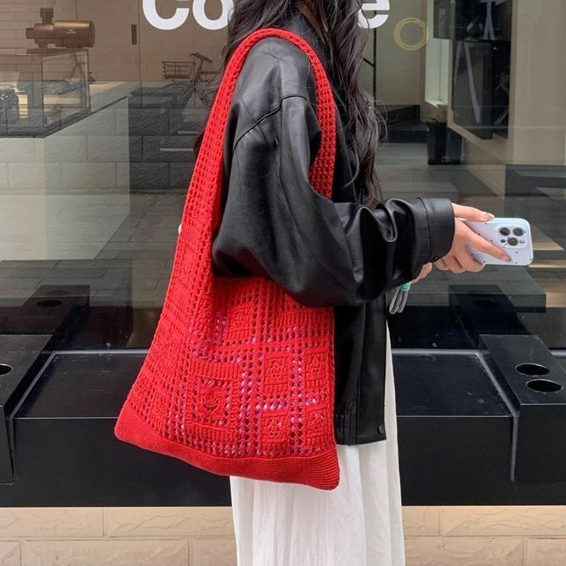 Simple Crochet Tote Bags Fashion Hollow Knitted Women's Bags Casual Female Shoulder Bags Ladies Shopping Top-Handle