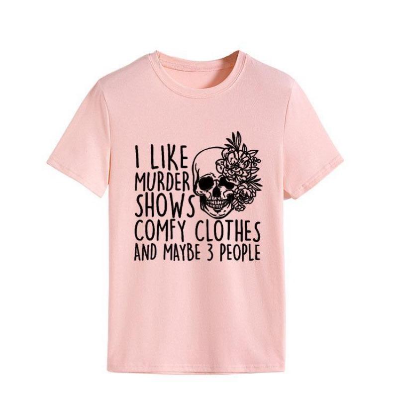 Hooded Simple Round Neck Top T-shirt I LIKE MURDER Printed Loose Round Neck Pure Cotton Short Sleeved Shirt T-Shirts Women’s