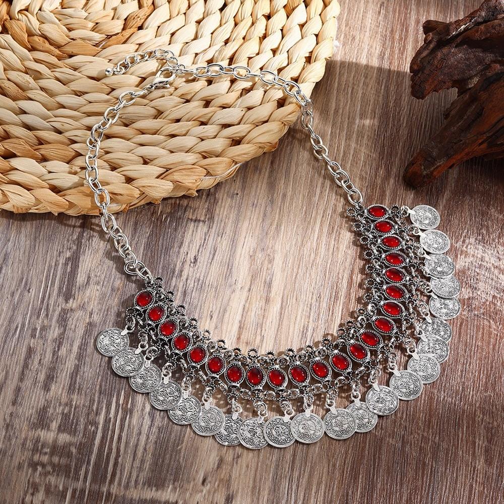 Этническая повязка на голову винтажная с монетами из сплава и красными акриловыми камнями для женщин подарок