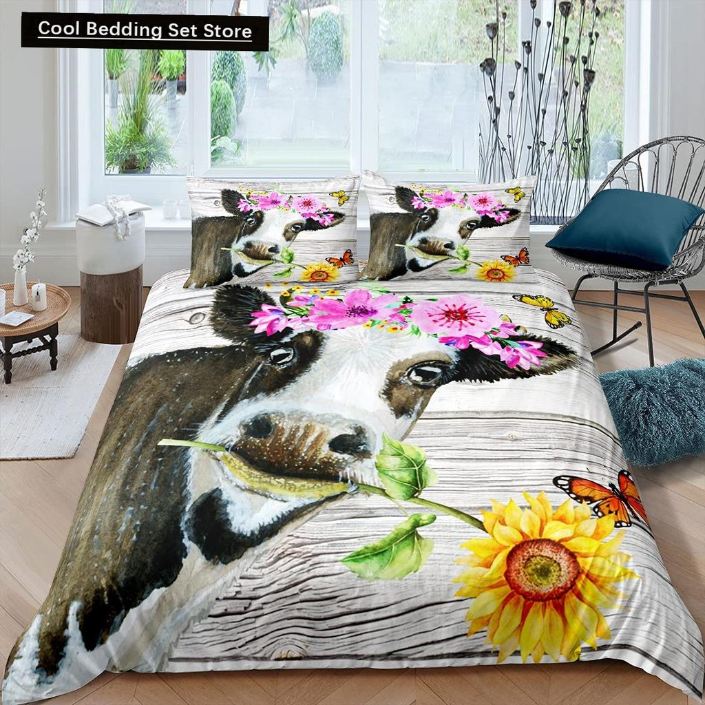 Highland Cow Flower King Queen Duvet Cover Cattle Rose Bedding Set Western Animal Comforter Cover Farmhouse Bull Quilt Cover