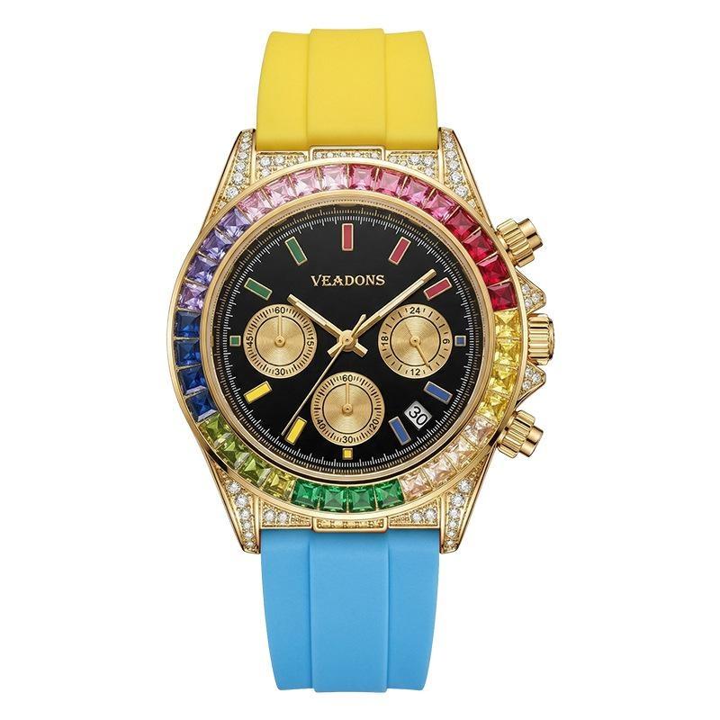 Colorful Rainbow Crystal Bezel Chronograph Watch Men Casual Sport Quartz Wristwatch with Date Function