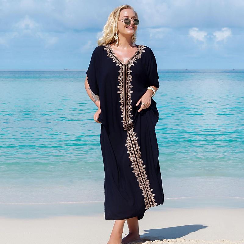 EDOLYNSA Elegant Gold Embroidered Kaftan Long Black Tunic Loose Maxi Dress Women Summer Clothing Beach Wear Swim Suit Cover Up Q1455