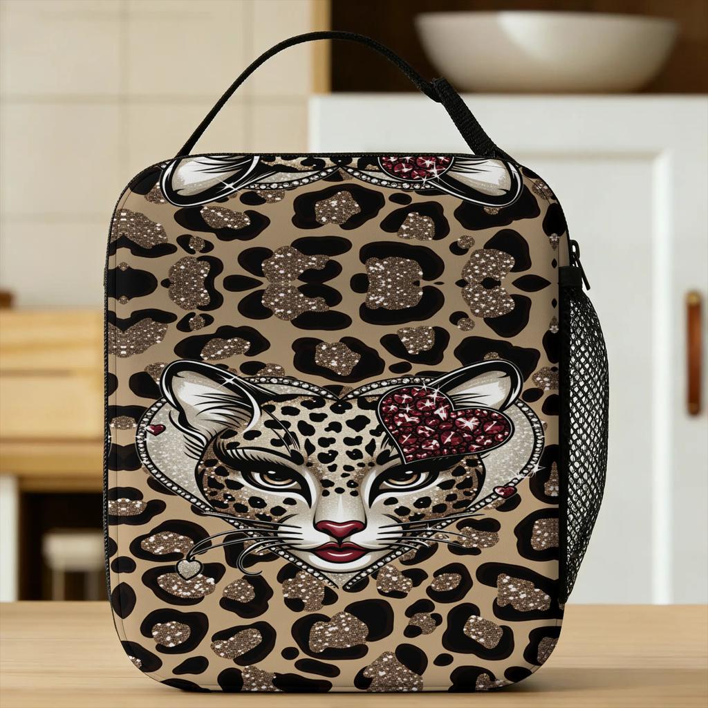 Leopard Print Lunch Bag Portable Insulated Lunch Box Adult Office Print Cooler Bag Vintage Oxford Tote Food Bags