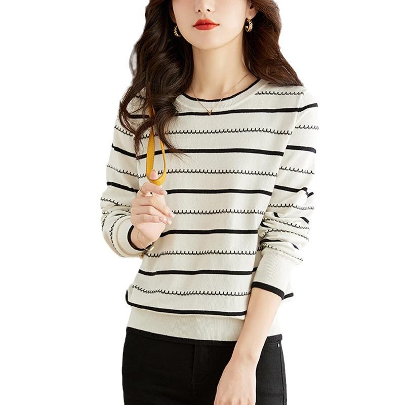 Полосатый трикотаж женский с длинными рукавами весна-осень нижняя рубашка свободные женственные топы