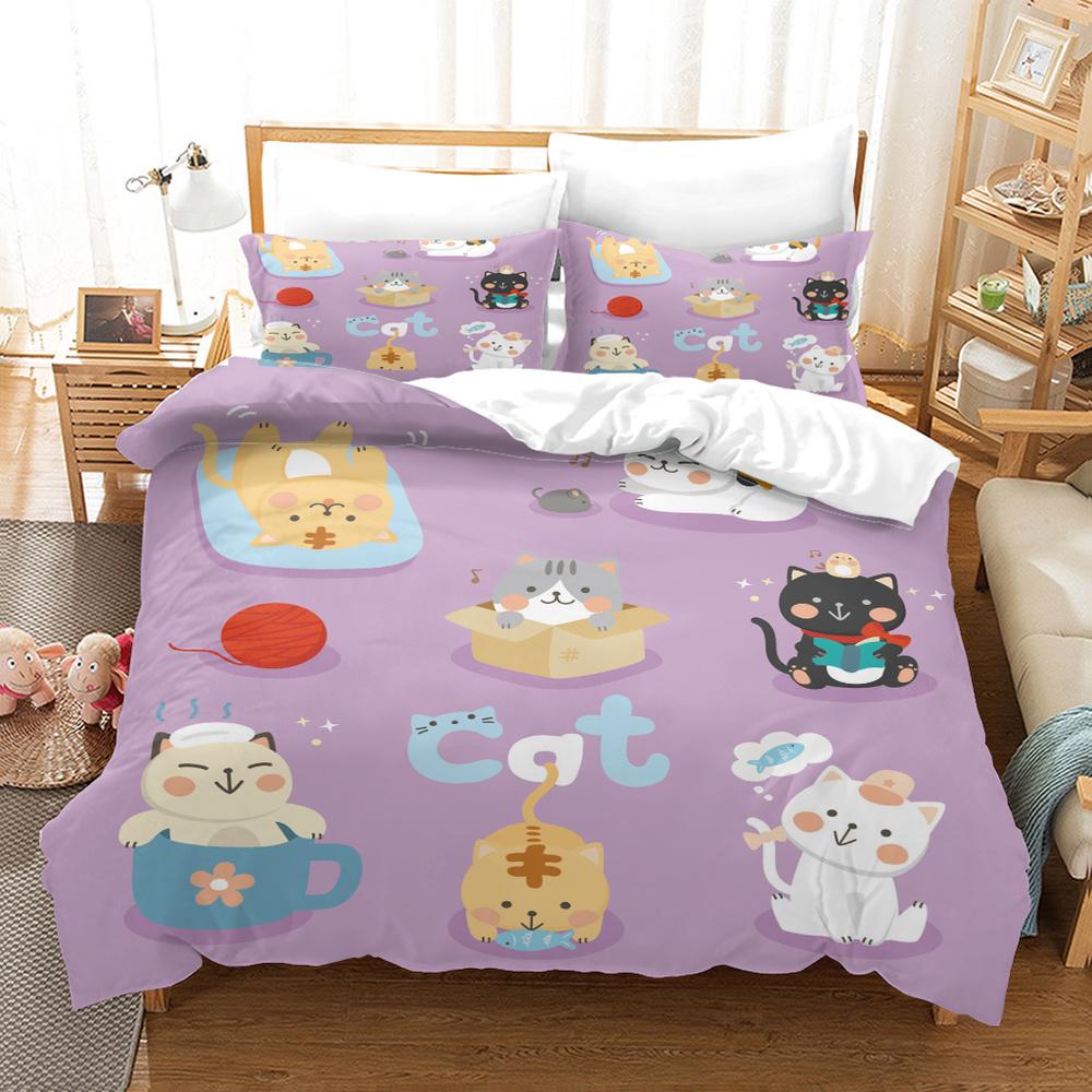 Cartoon Cat King Full Queen Duvet Cover Lovely Pet Kitty Bedding Set Animal Quilt Cover 2/3pcs Purple Polyester Comforter Cover