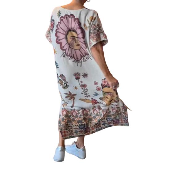 Summer Women Dress V Neck Short Sleeves Loose Retro Ethnic Printing Pullover Ankle Length Casual Daily Wear Maxi Dress