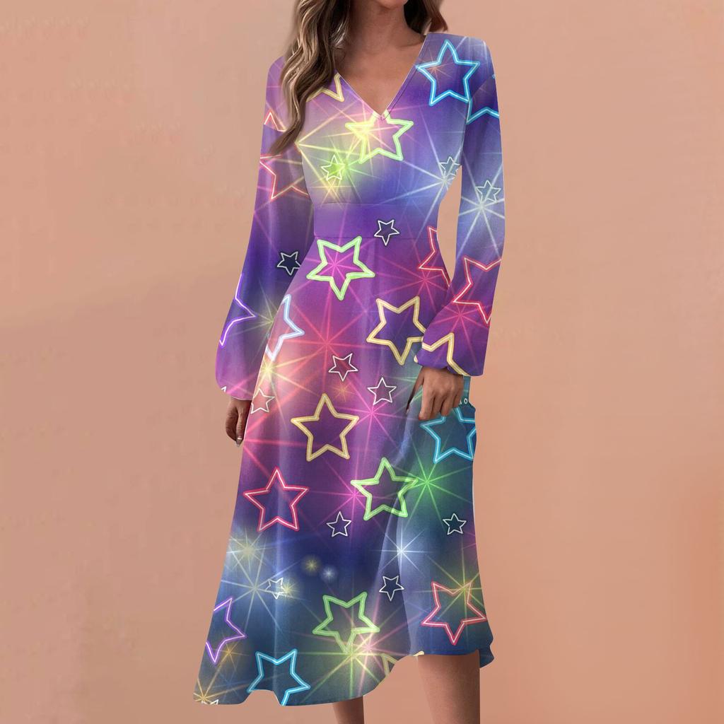 Женские весенне-осенние повседневные модные длинные платья с v-образным вырезом и длинным рукавом с градиентным принтом