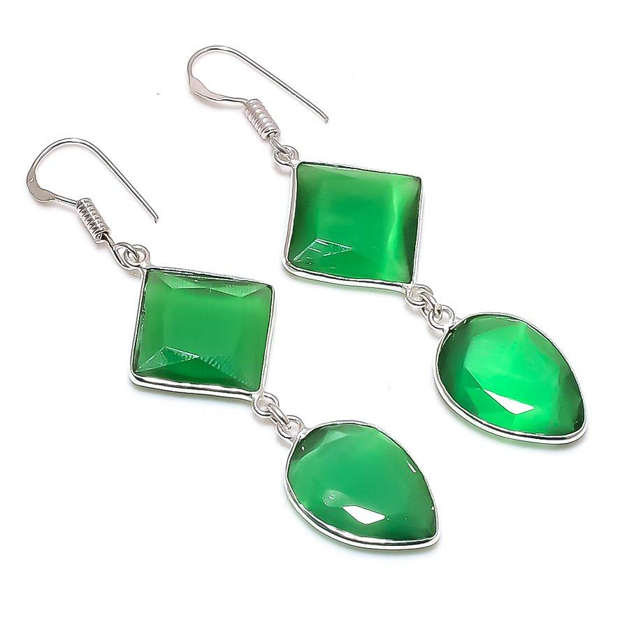 Green Monalisa Gemstone Handmade 925 Sterling Silver Jewelry Earring 2.56" GK-6443