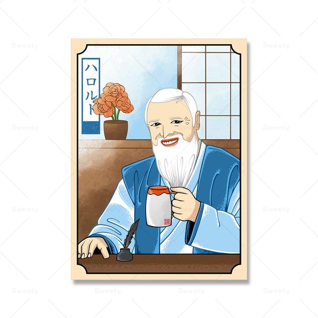 Забавный мужчина смеется, указывая на плакат маслом, пьет чай, японское украшение дома