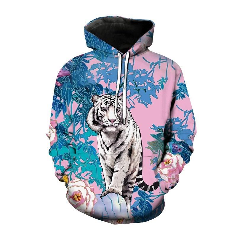 Plum Blossom Tiger Art Fleece Hoodie, Thick Warm Pullover for Men, Autumn Winter Wildcat Print Sweatshirt for Leisure Urban Strolls