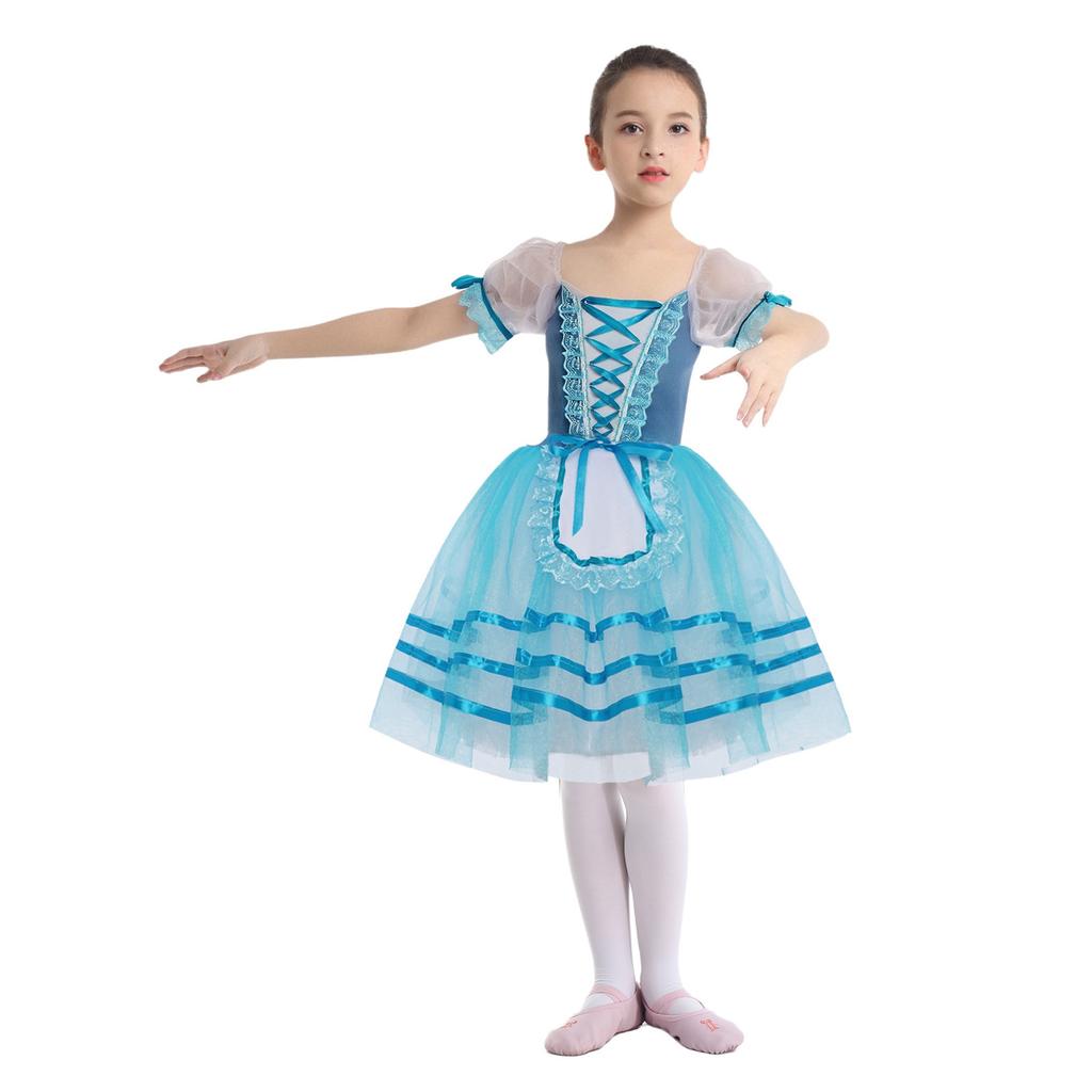Girls Puff Sleeve Layered Tutu Dress Lace Trim Velvet Bodice Lace Up Back Ballet Costume