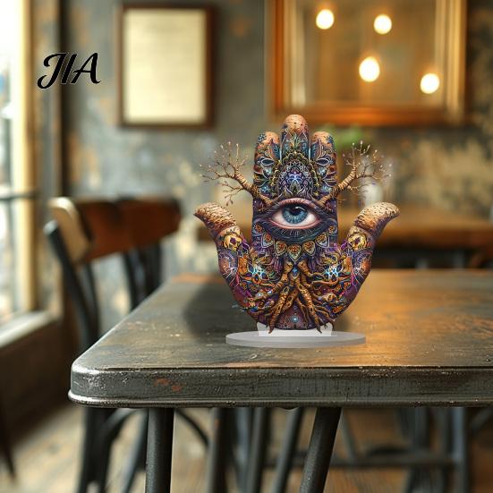 Thickened Transparent Acrylic Display Hand of Fatima Ornament, 2D Flat Hamsa Ornament with Exotic Pattern Table Decoration Base, Mysterious