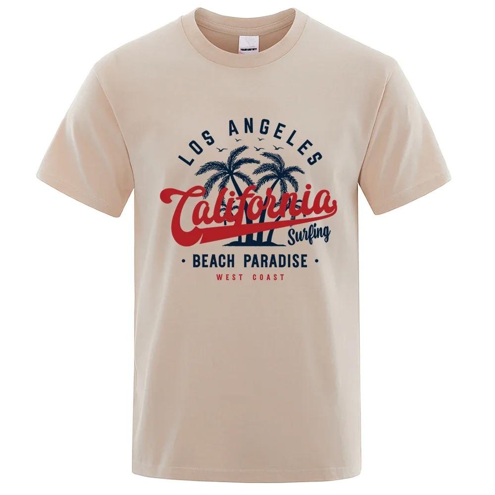 Camiseta de algodão gola redonda masculina, tops de verão, roupas respiráveis, Los Angeles California Beach Paradise Fashion