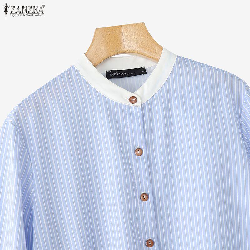 ZANZEA Женская повседневная блузка с круглым вырезом, длинным рукавом, кружевной вставкой и полосками