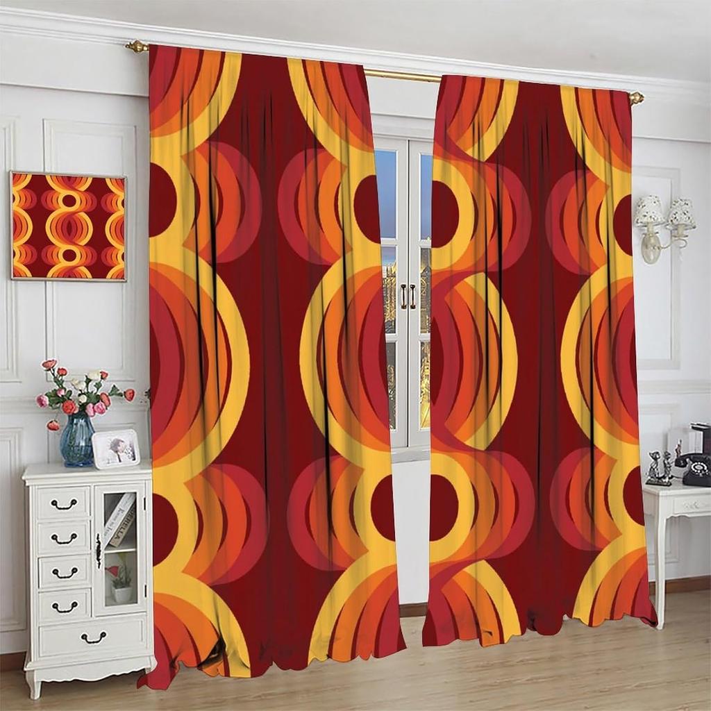 Retro 60S 70S Curta Geometric Pattern Orange Modern Abstract Blackout Window Drapes For Bedroom Living Room Kitchen Cafe Deco