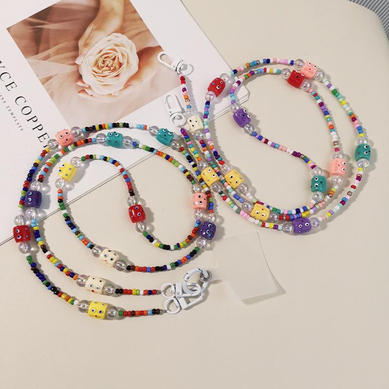 Шнурок для мобильного телефона, Длинный стиль, Через плечо, Цепочка из бусин ручной работы, Красочный, Декор из бусин, Маленький монстр, Смешной, Цепочка через плечо, Женский стиль