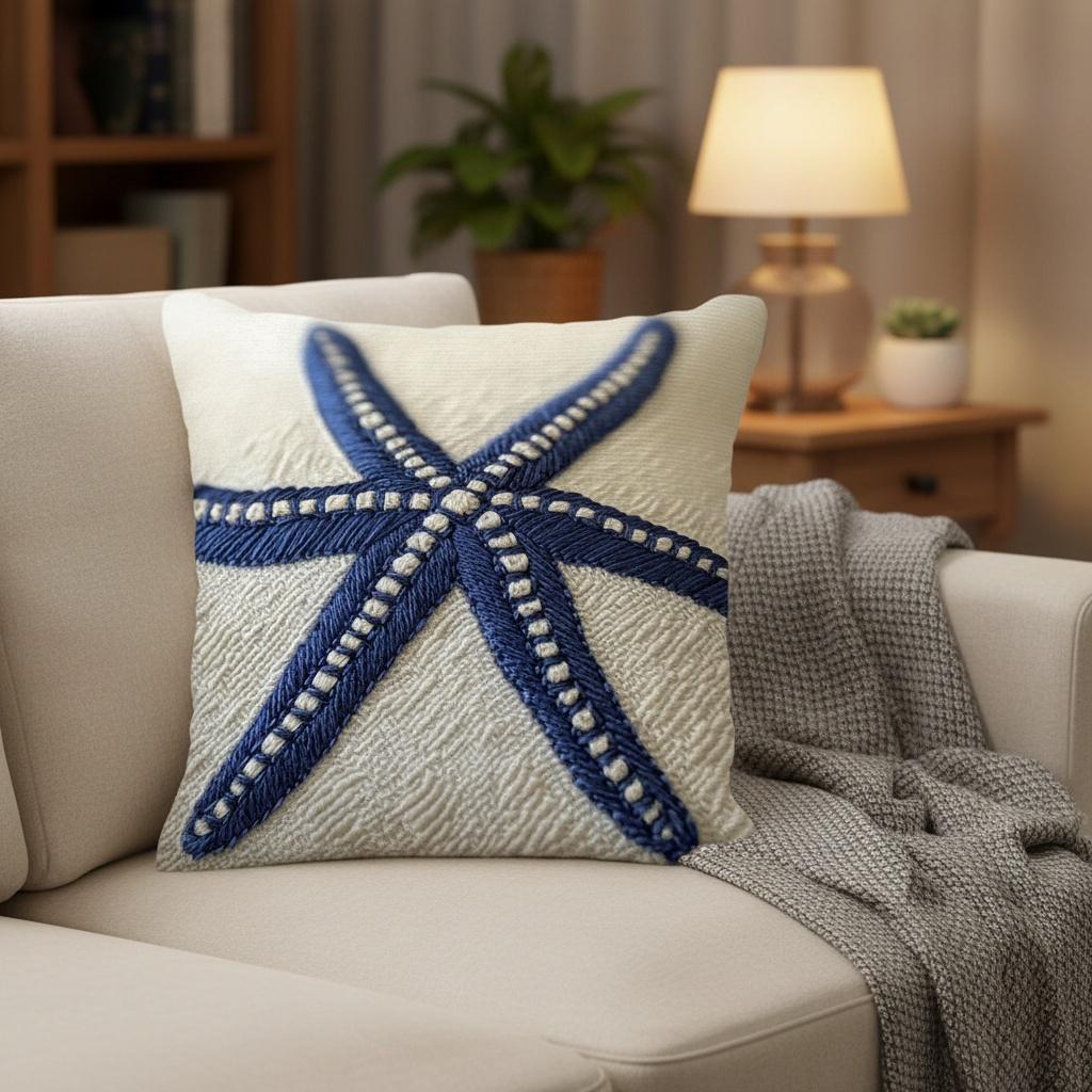 Navy Blue Starfish Pillow Cover 2D Faux Embroidery Print Nautical Beach Cushion Case For Sofa Bed Couch Coastal