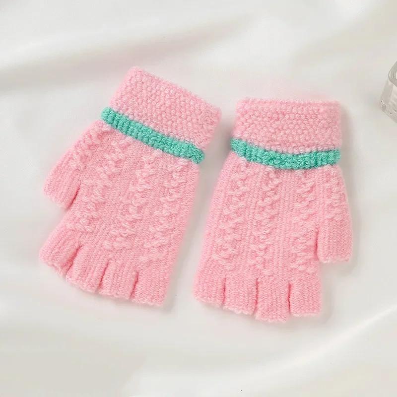 Теплые перчатки с полупальцами для детей, жаккардовые вязаные перчатки для письма, зимние студенческие теплые перчатки для мальчиков и девочек