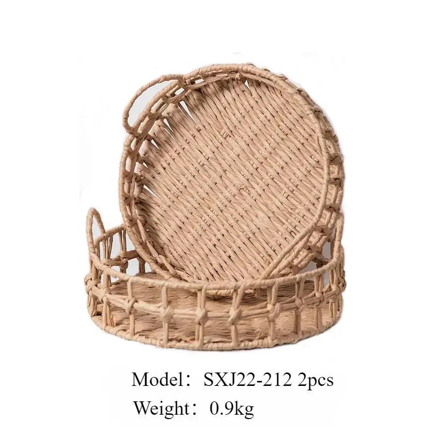 Фруктовая корзина, плетеная вручную, ретро-поднос, плетеный круглый поднос, украшения для ресторана, пекарни, настольный органайзер для хранения вещей