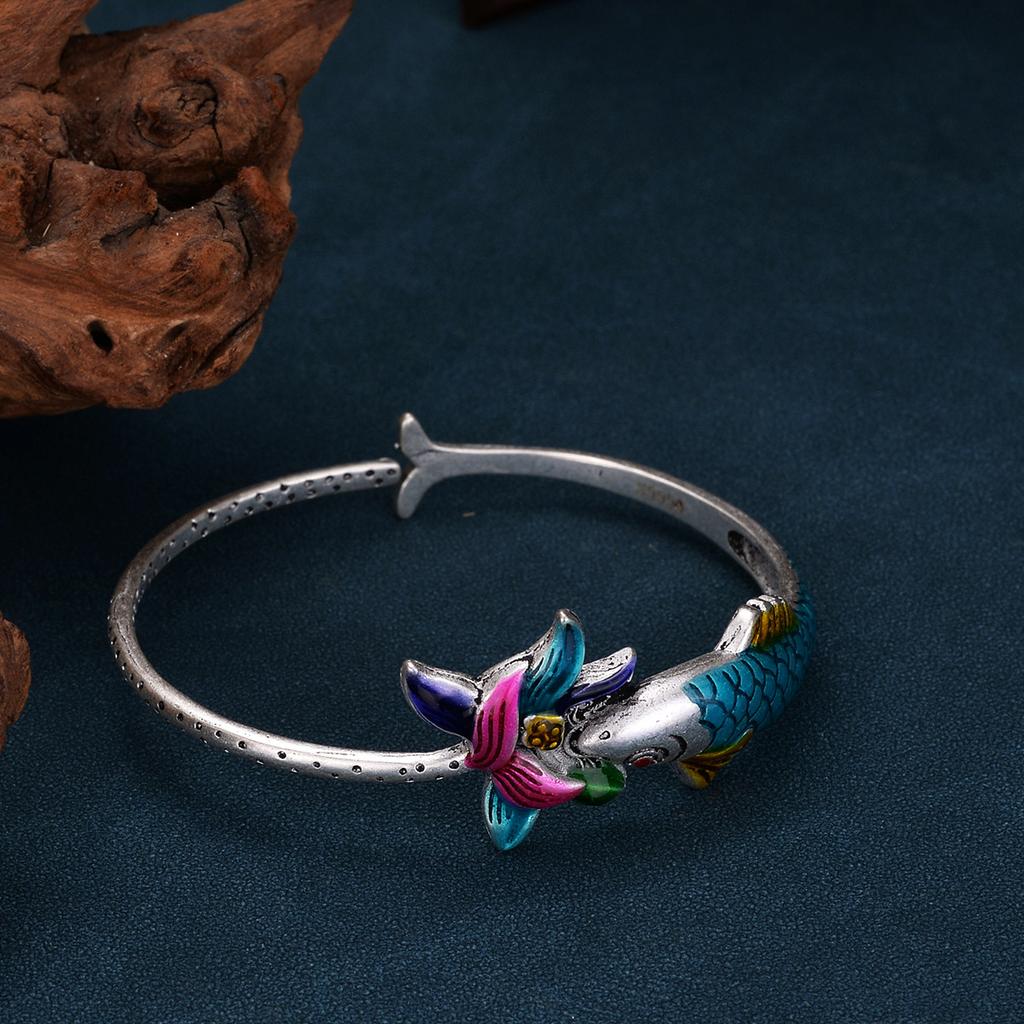 New Burnt Blue Retro Enamel Bracelet for Women, Cloisonn É Open Fish Play, Lotus Flower Drop Glue Silver Bracelet, Birthday Gift