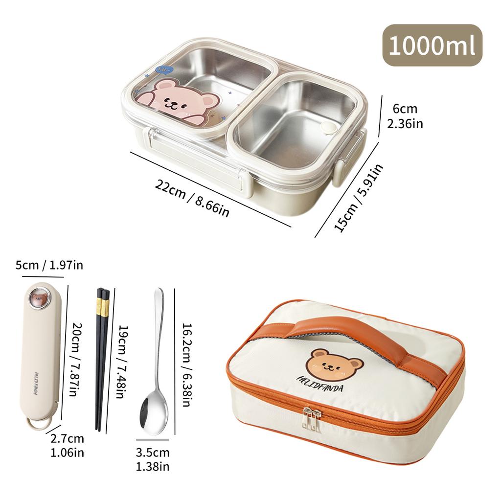 WORTHBUY 1000Ml 304 Stainless Steel Divided Bento Lunch Box ,Portable Large Capacity Leak-proof Food Container For Students