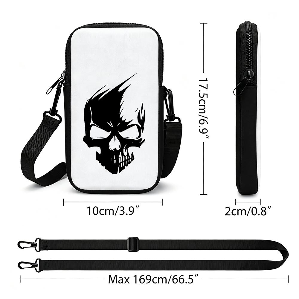 2D-Minimalist White Skull Silhouette Metal Flame Line Art Dark Punk Luxury Style Adjustable Removable Strap Crossbody Phone Bag